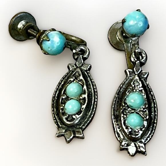 Turquoise Screwback Earring Set Vintage Dangle Silver Plated Southwestern Retro - Picture 2 of 12
